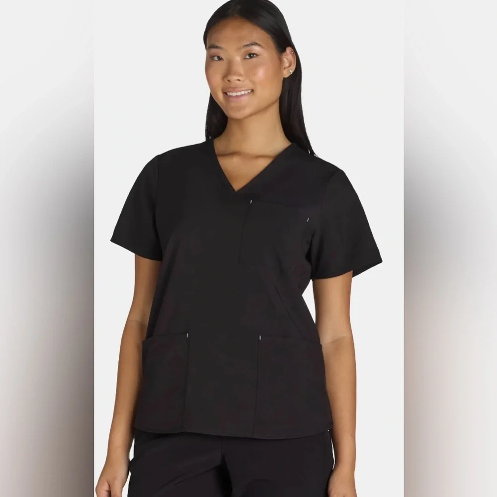 NWT V-Neck Black Scrubs Pocket Top & jogger Pants 2 PC Set - Picture 2 of 8
